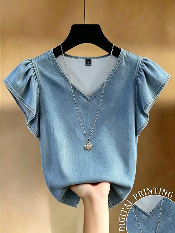 Resyla Atasan Denim Lengan Pendek Leher V Wanita