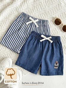Cozy Pixies 2pcs/Set Baby Boy Cartoon Bear Drawstring Waist Casual Versatile Daily Wear Shorts - Multicolor - View 8