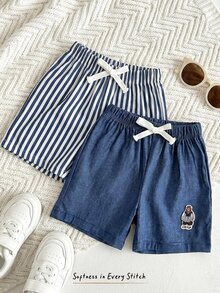 Cozy Pixies 2pcs/Set Baby Boy Cartoon Bear Drawstring Waist Casual Versatile Daily Wear Shorts - Multicolor - View 7