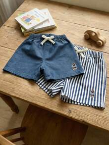Cozy Pixies 2pcs/Set Baby Boy Cartoon Bear Drawstring Waist Casual Versatile Daily Wear Shorts - Multicolor - View 3