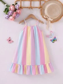 SHEIN Sparklyn Tween Girls Light Pink Plaid Stripe Print Spaghetti Strap Ruffle Hem Casual Kawaii Cute Holiday Mini Dress Daily Outfit Vacation Summer - Multicolor - View 3