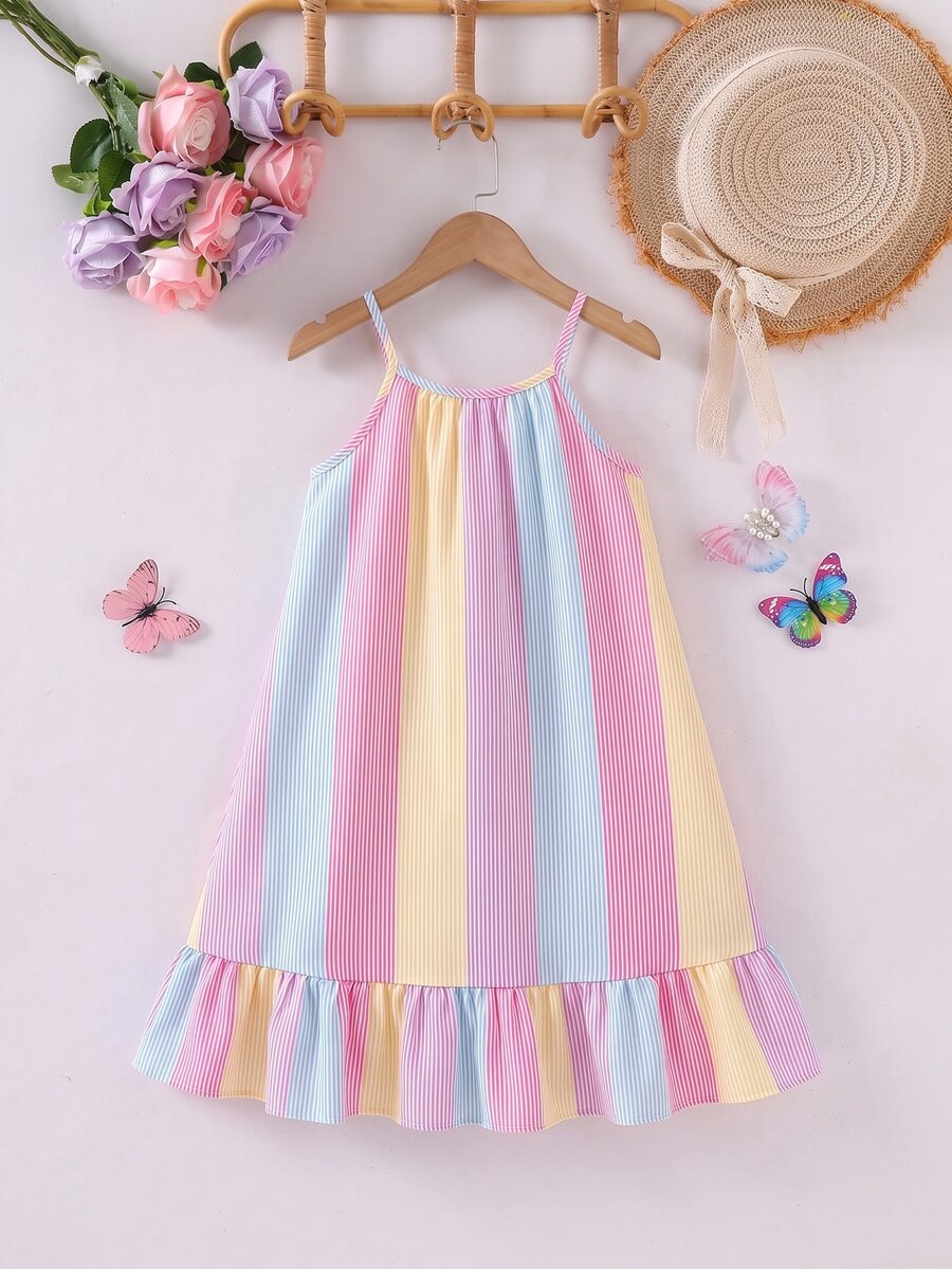 SHEIN Sparklyn Tween Girls Light Pink Plaid Stripe Print Spaghetti Strap Ruffle Hem Casual Kawaii Cute Holiday Mini Dress Daily Outfit Vacation Summer - Multicolor - View 1