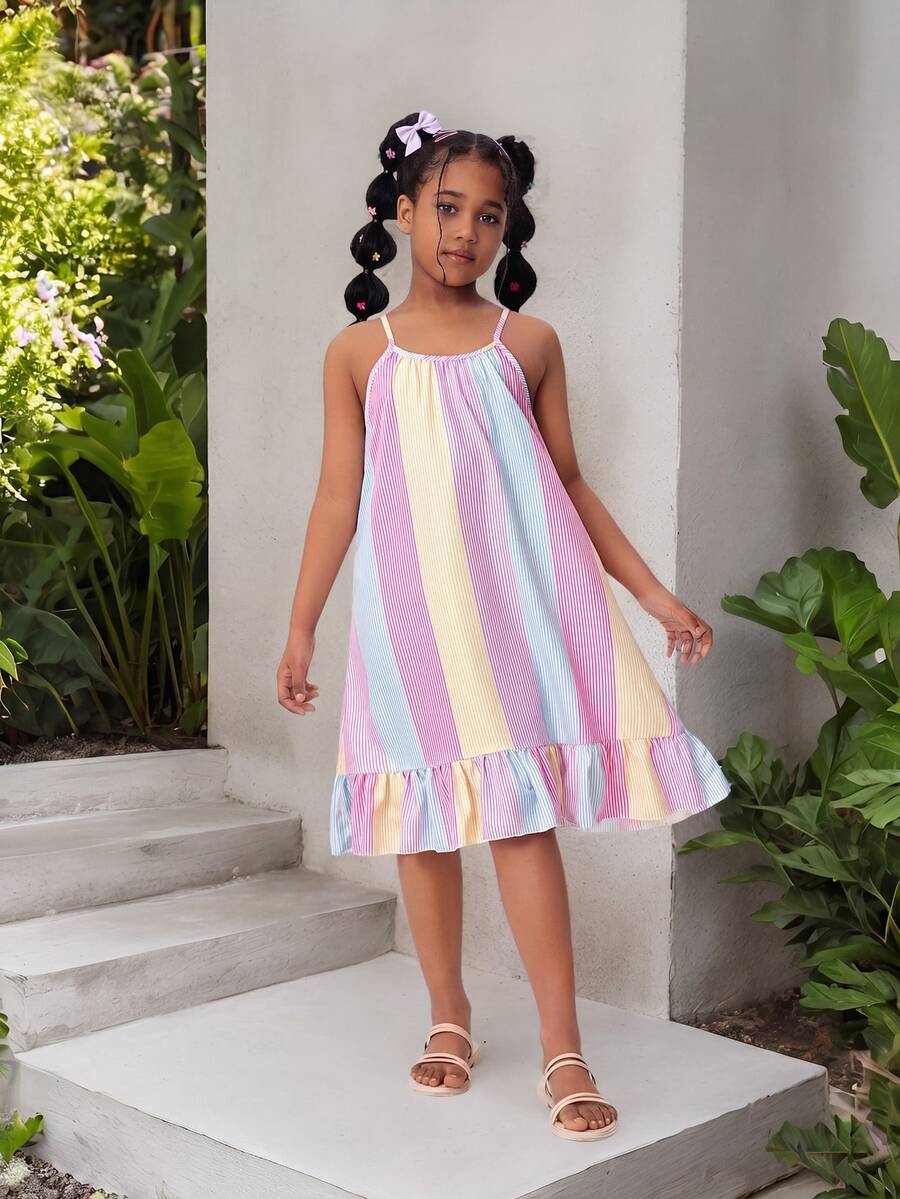 SHEIN Sparklyn Tween Girls Light Pink Plaid Stripe Print Spaghetti Strap Ruffle Hem Casual Kawaii Cute Holiday Mini Dress Daily Outfit Vacation Summer
