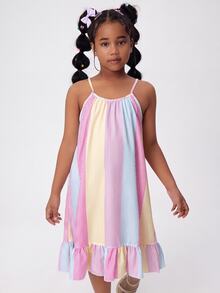 SHEIN Sparklyn Tween Girls Light Pink Plaid Stripe Print Spaghetti Strap Ruffle Hem Casual Kawaii Cute Holiday Mini Dress Daily Outfit Vacation Summer - Multicolor - View 5