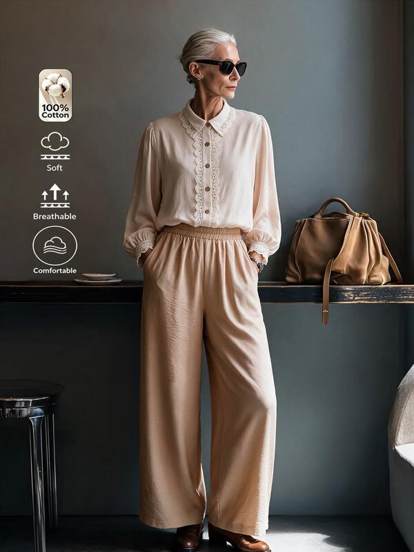 Offisola Off-White Lace Trim Long Sleeve Blouse + Khaki High Waist Wide Leg Pants Set