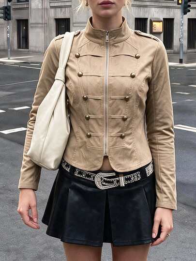 Struktiv Wholesale Women Khaki Military Cropped Jacket Stand Collar Double Row Gold Button Zip Up Slim Fitted
