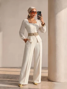 Structelle Women's Beige Linen Blend Square Neck Pearl Button Slit Top + High Waist Wide Leg Long Pants 2pcs Set, Elegant Office Spring/Autumn Outfit - Apricot - View 3