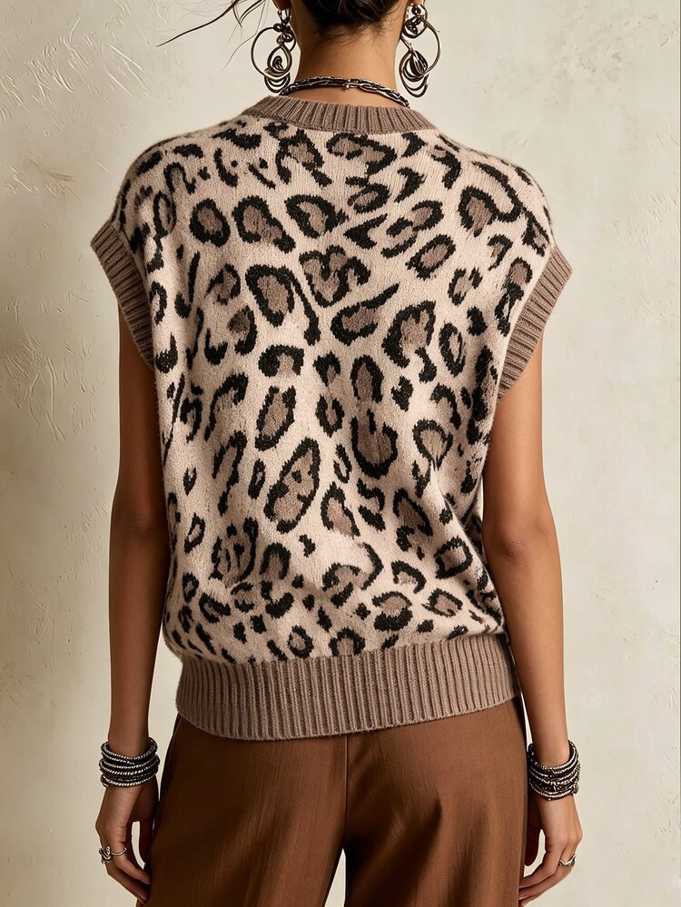 LUMIGAL Women's Leopard Print Colorblock Casual Versatile Daily Knit Top Brunch Beige Summer,Outdoor Clothing, Leopard Print Knitted Jacket - Brown - View 2