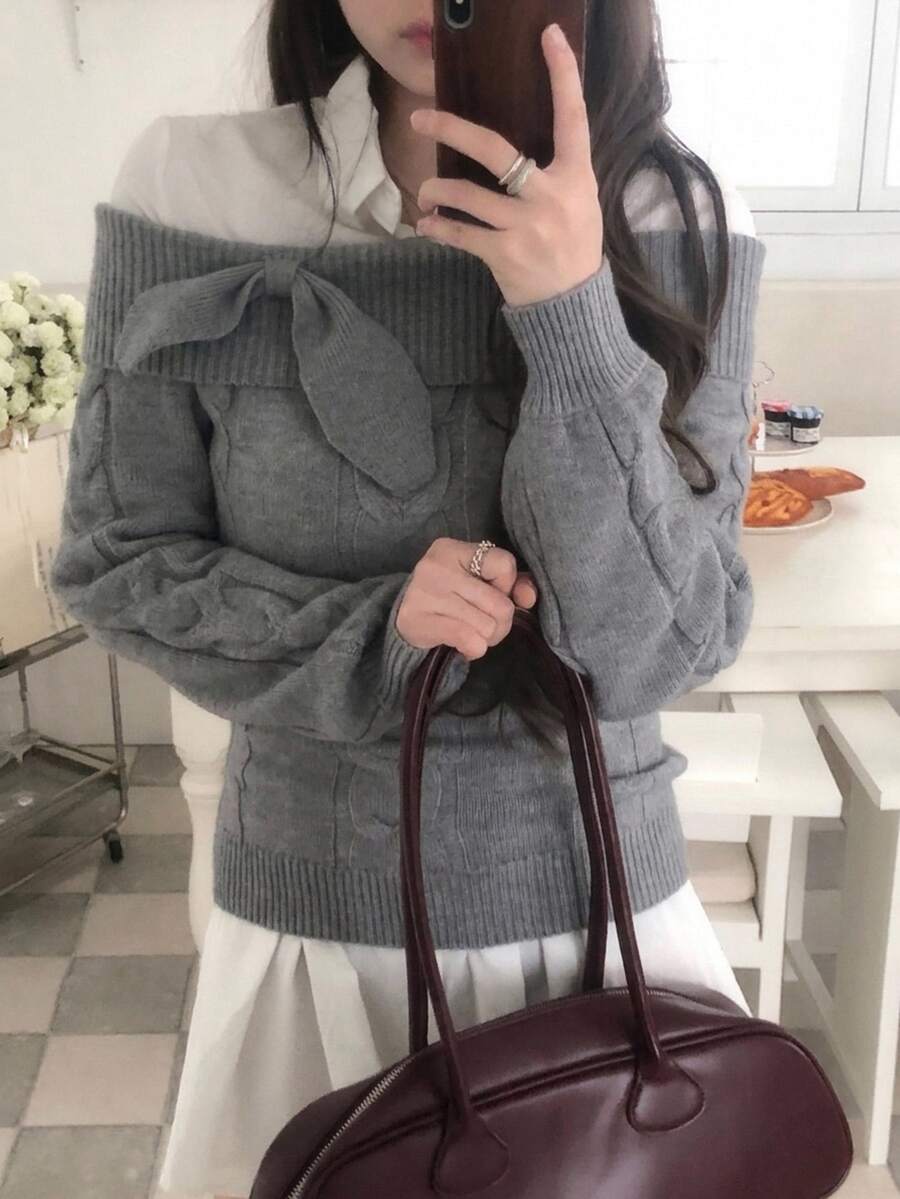 DAZY Women's Bow Decor Fashion Off-Shoulder Long Sleeve Sweater - Grey - View 1
