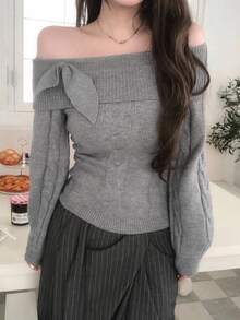 DAZY Women's Bow Decor Fashion Off-Shoulder Long Sleeve Sweater - Grey - View 6