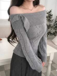 DAZY Women's Bow Decor Fashion Off-Shoulder Long Sleeve Sweater - Grey - View 4