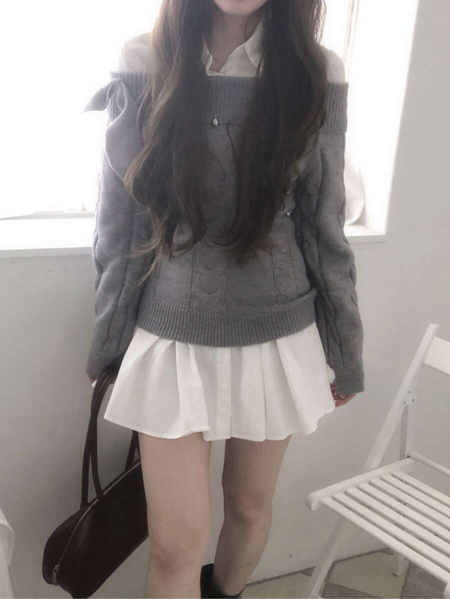 DAZY Women's Bow Decor Fashion Off-Shoulder Long Sleeve Sweater - Grey - View 1