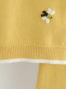 SHEIN Vintaside Kids 2件組女嬰毛衣套裝，圓領套頭毛衣搭配手工刺繡蜜蜂圖案，精湛工藝，精緻 + 針織寬腿褲，舒適柔軟，黃色蜜蜂甜美休閒優雅簡約風，適合秋冬旅行出遊派對戶外日常穿著 - 黃色 - 查看 8