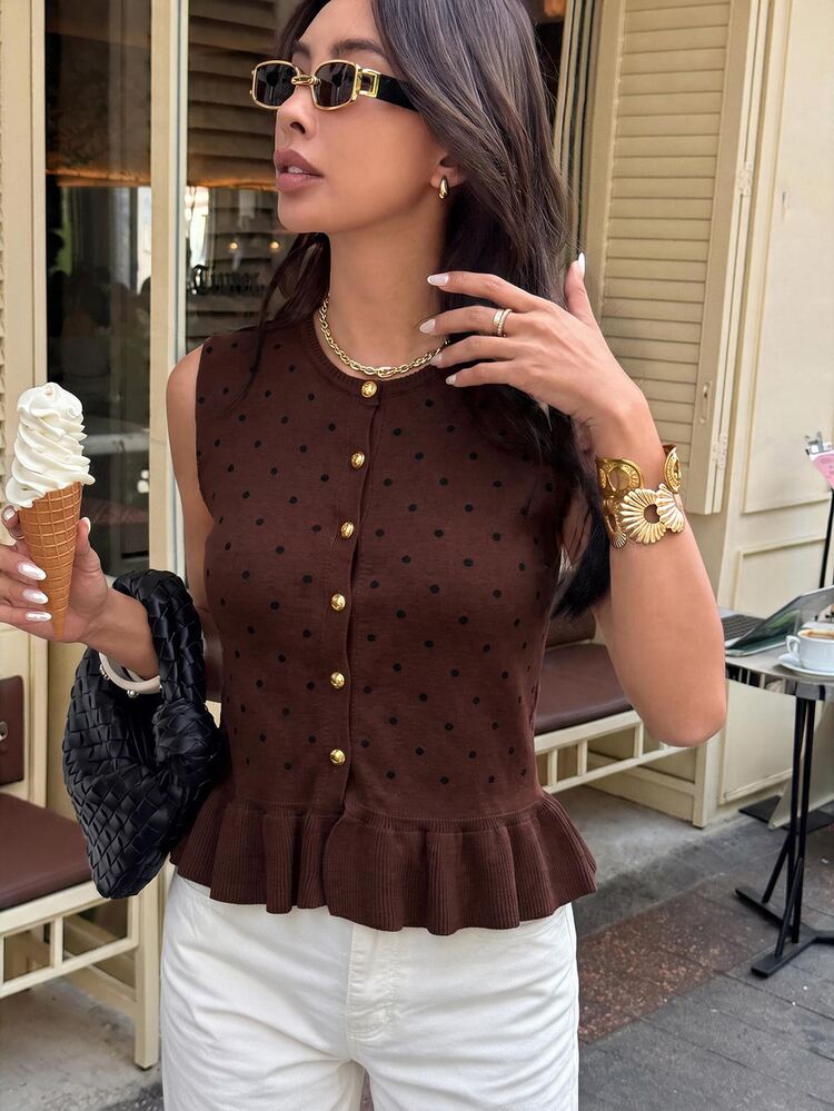 Serisse Women's French Style Brown Polka Dot Button Ruffle Hem Knit Top Brunch Autumn Elegant - Multicolor - View 3