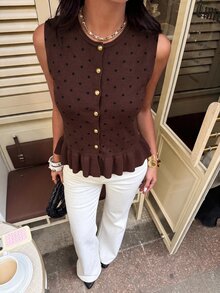 Serisse 女款法式風棕色波點鈕扣荷葉邊下擺針織上衣，秋季優雅早午餐穿搭 - 彩色 - 查看 9