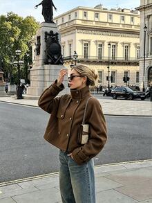 SHEIN Autumn/Winter Deep Brown Fashion Short High-Neck Overcoat, Loose Drop Shoulder Cut, Double-Breasted Closure, Adjustable Cuff Strap Design, Built-In Pockets, Suitable For Daily Commute, Urban Street Style, Weekend Afternoon Tea, Short Trips, Dating And More - Brown - View 8