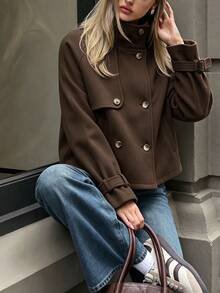 SHEIN Autumn/Winter Deep Brown Fashion Short High-Neck Overcoat, Loose Drop Shoulder Cut, Double-Breasted Closure, Adjustable Cuff Strap Design, Built-In Pockets, Suitable For Daily Commute, Urban Street Style, Weekend Afternoon Tea, Short Trips, Dating And More - Brown - View 6