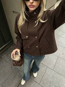 SHEIN Autumn/Winter Deep Brown Fashion Short High-Neck Overcoat, Loose Drop Shoulder Cut, Double-Breasted Closure, Adjustable Cuff Strap Design, Built-In Pockets, Suitable For Daily Commute, Urban Street Style, Weekend Afternoon Tea, Short Trips, Dating And More - Brown - View 7