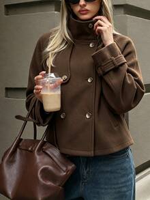SHEIN Autumn/Winter Deep Brown Fashion Short High-Neck Overcoat, Loose Drop Shoulder Cut, Double-Breasted Closure, Adjustable Cuff Strap Design, Built-In Pockets, Suitable For Daily Commute, Urban Street Style, Weekend Afternoon Tea, Short Trips, Dating And More - Brown - View 4