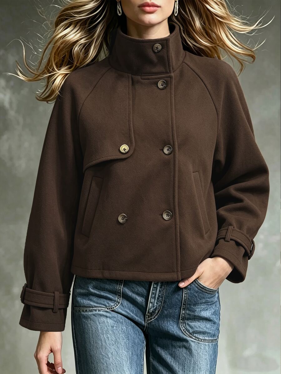 SHEIN Autumn/Winter Deep Brown Fashion Short High-Neck Overcoat, Loose Drop Shoulder Cut, Double-Breasted Closure, Adjustable Cuff Strap Design, Built-In Pockets, Suitable For Daily Commute, Urban Street Style, Weekend Afternoon Tea, Short Trips, Dating And More - Brown - View 1