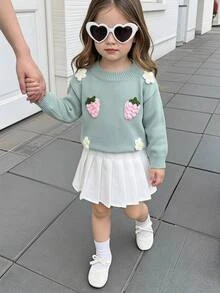 SHEIN 1件女嬰毛衣，百搭圓領薄荷綠落肩長袖，3D花朵與草莓裝飾，可愛甜美風，適中厚度，整齊下擺，緊口袖口，柔軟親膚，舒適修身，適合日常穿著、外出、玩耍，秋冬必備 - 薄荷綠 - 查看 9