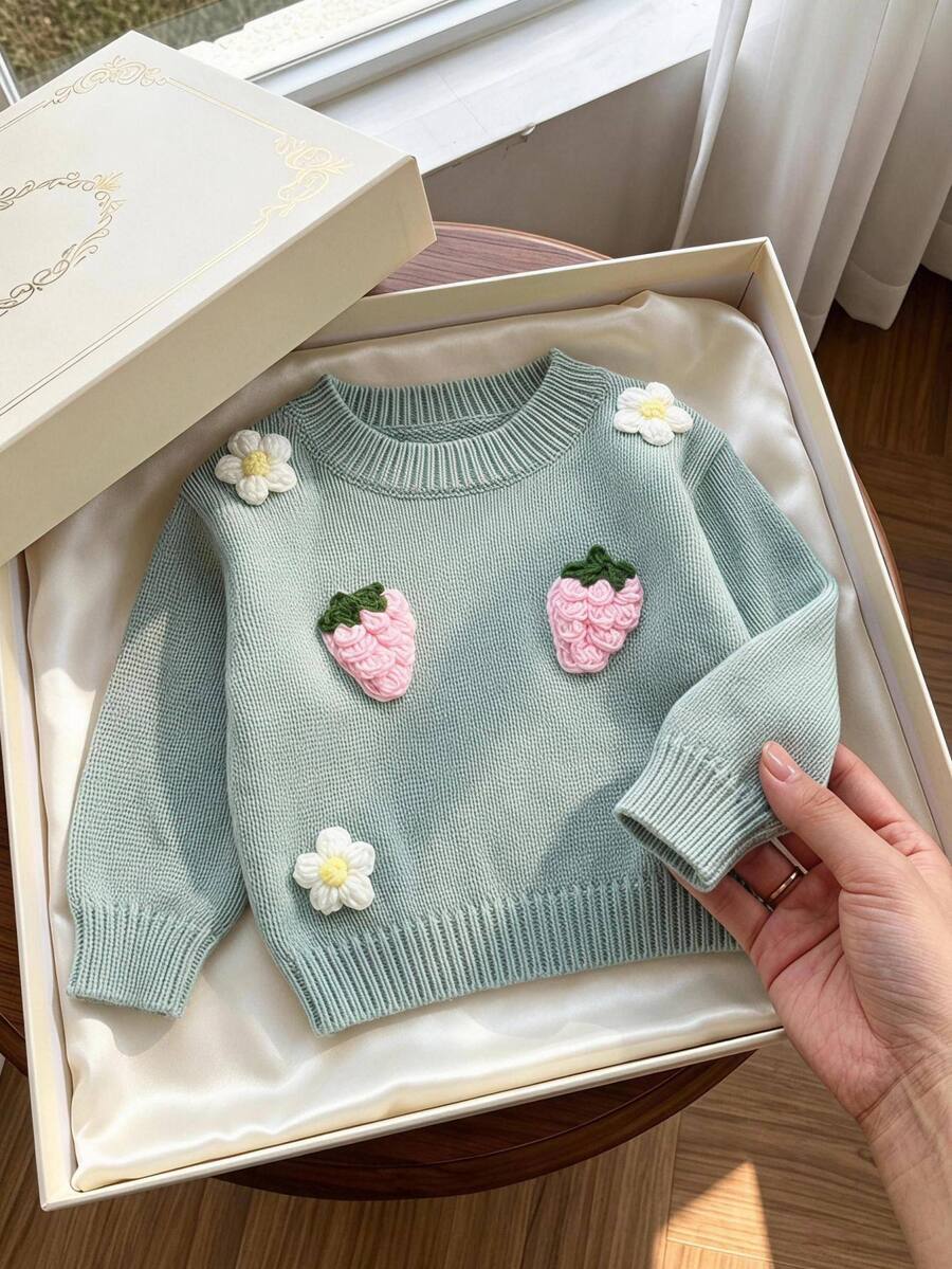 SHEIN 1件女嬰毛衣，百搭圓領薄荷綠落肩長袖，3D花朵與草莓裝飾，可愛甜美風，適中厚度，整齊下擺，緊口袖口，柔軟親膚，舒適修身，適合日常穿著、外出、玩耍，秋冬必備 - 薄荷綠 - 查看 1
