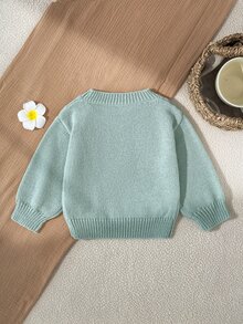 SHEIN 1件女嬰毛衣，百搭圓領薄荷綠落肩長袖，3D花朵與草莓裝飾，可愛甜美風，適中厚度，整齊下擺，緊口袖口，柔軟親膚，舒適修身，適合日常穿著、外出、玩耍，秋冬必備 - 薄荷綠 - 查看 3