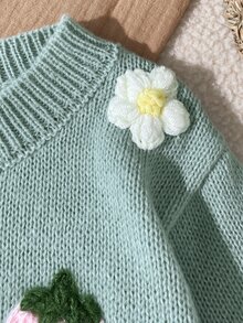 SHEIN 1件女嬰毛衣，百搭圓領薄荷綠落肩長袖，3D花朵與草莓裝飾，可愛甜美風，適中厚度，整齊下擺，緊口袖口，柔軟親膚，舒適修身，適合日常穿著、外出、玩耍，秋冬必備 - 薄荷綠 - 查看 6