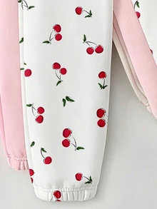(5 Pcs) Young Girls Fall Winter Heart Cherry Floral Print Sweatpants Casual Fall Outfits - Multicolor - View 4