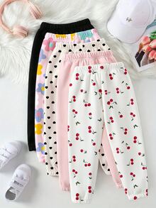 (5 Pcs) Young Girls Fall Winter Heart Cherry Floral Print Sweatpants Casual Fall Outfits - Multicolor - View 2