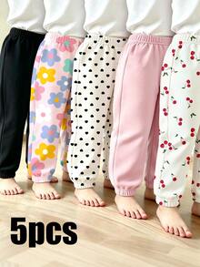 (5 Pcs) Young Girls Fall Winter Heart Cherry Floral Print Sweatpants Casual Fall Outfits - Multicolor - View 1