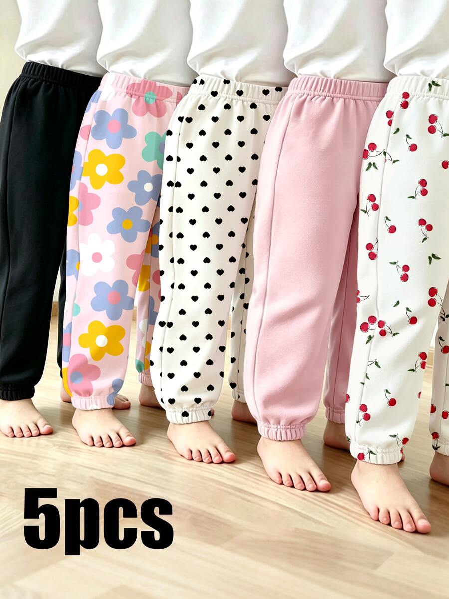 (5 Pcs) Young Girls Fall Winter Heart Cherry Floral Print Sweatpants Casual Fall Outfits - Multicolor - View 1