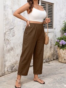 EMERY ROSE Plus Size Women's Casual Pure Cotton Solid Color Long Pants With Pockets And Drawstring Fall - Brown - View 5