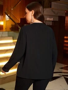 Miaspire 大码女式豹纹亮片撞色衬衫 - 黑色 - 查看 2