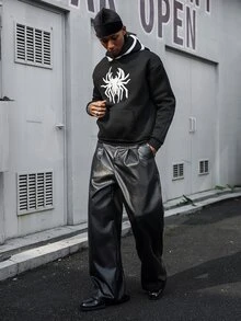 Major Grit 男士純色百褶PU皮革時尚百搭寬腿長褲 - 黑色 - 查看 3