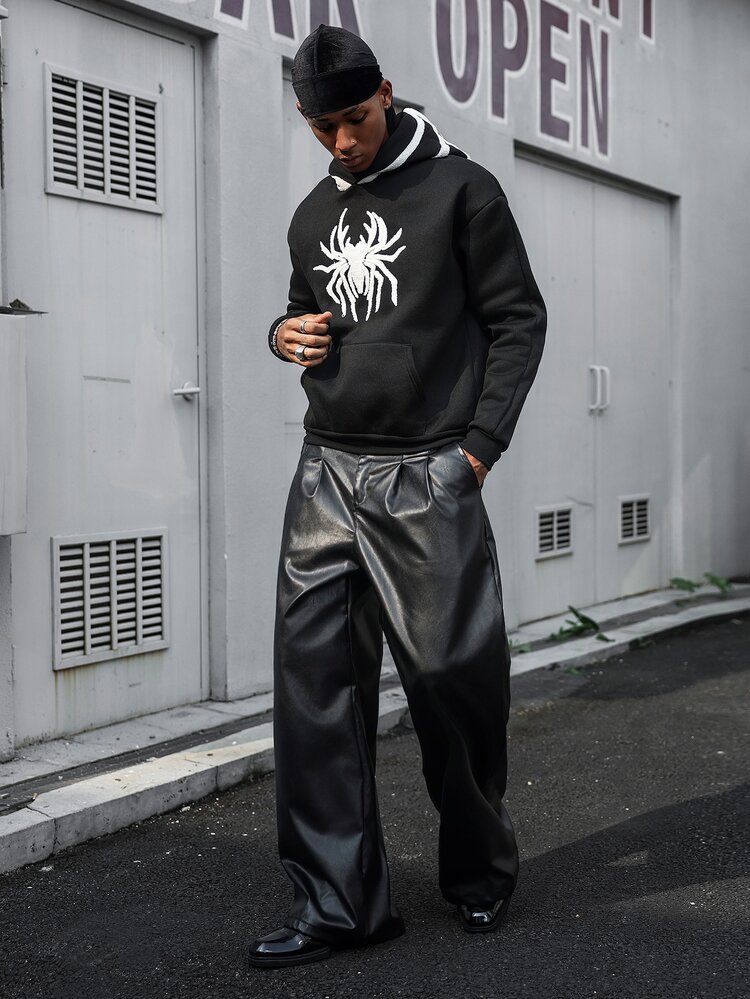 Major Grit Men's Solid Color Pleated PU Leather Fashion Versatile Wide Leg Pants - Black - View 3