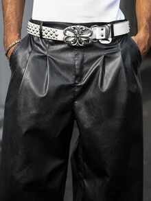Major Grit 男士純色百褶PU皮革時尚百搭寬腿長褲 - 黑色 - 查看 5