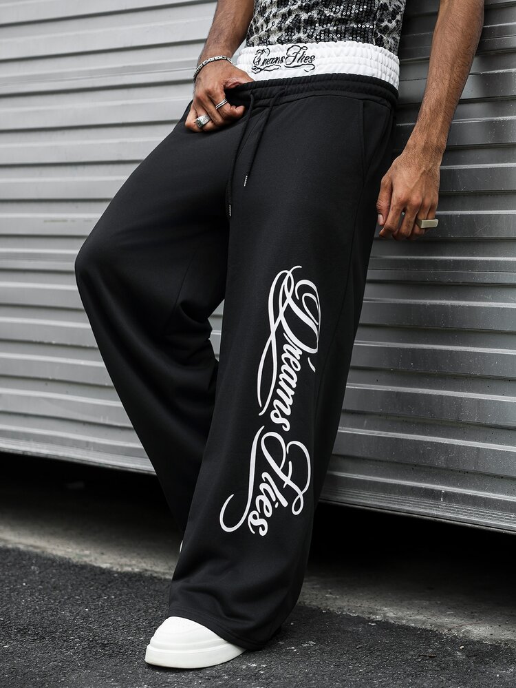 Major Grit American Street Style Double Waist Curved Hem Sweatpants For Men, Loose Fit Hip-Hop Sports Long Pants With Graphic Letter Print And Drawstring Cuffs, Suitable For Halloween, Christmas, New Year Gifts, Casual Versatile Athletic Sweatpants - Black - View 1