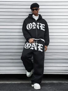 Major Grit Men's Letter Graphic Zip-Up Hoodie And Sweatpants Set - Black - View 5