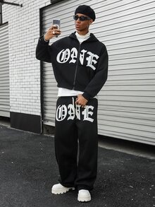 Major Grit Men's Letter Graphic Zip-Up Hoodie And Sweatpants Set - Black - View 3
