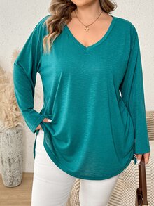 SHEIN CURVE+ PLus Size Us22 Autumn/Winter Boho Casual Solid Color Knit V-Neck Long Sleeve - Green - View 5