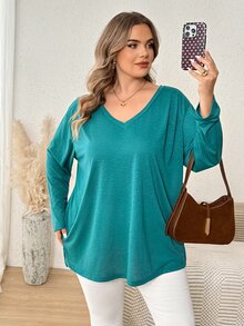 SHEIN CURVE+ PLus Size Us22 Autumn/Winter Boho Casual Solid Color Knit V-Neck Long Sleeve - Green - View 6