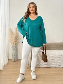 SHEIN CURVE+ PLus Size Us22 Autumn/Winter Boho Casual Solid Color Knit V-Neck Long Sleeve - Green - View 7