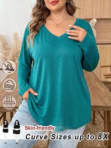 SHEIN CURVE+ PLus Size Us22 Autumn/Winter Boho Casual Solid Color Knit V-Neck Long Sleeve - Green - View 1