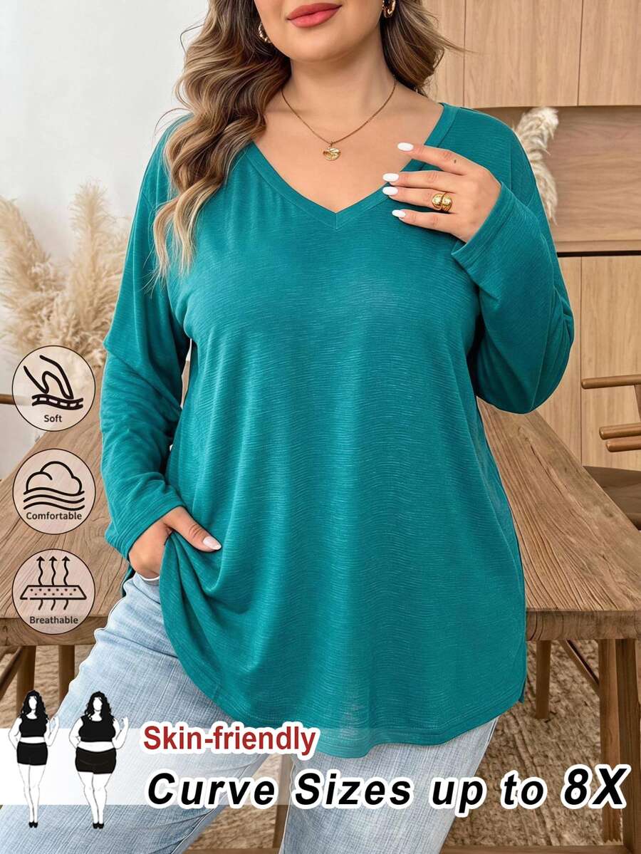 SHEIN CURVE+ PLus Size Us22 Autumn/Winter Boho Casual Solid Color Knit V-Neck Long Sleeve - Green - View 1