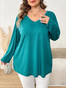 SHEIN CURVE+ PLus Size Us22 Autumn/Winter Boho Casual Solid Color Knit V-Neck Long Sleeve - Green - View 3