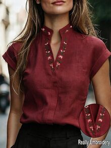 SHEIN LUNE 女款夏季復古刺繡立領短袖襯衫，白色溫柔風V領花卉上衣，修身百搭通勤度假風 - 酒紅色 - 查看 3