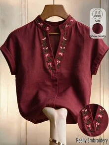 SHEIN LUNE 女款夏季復古刺繡立領短袖襯衫，白色溫柔風V領花卉上衣，修身百搭通勤度假風 - 酒紅色 - 查看 1