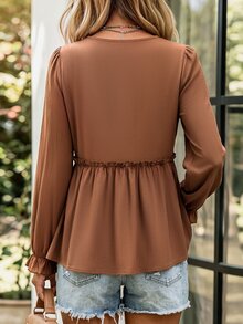 SHEIN LilyWest Blus Katun Renda Wanita Terbaru Musim Gugur/Dingin - Coklat - View 2