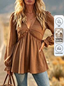 SHEIN LilyWest Blus Katun Renda Wanita Terbaru Musim Gugur/Dingin - Coklat - View 3